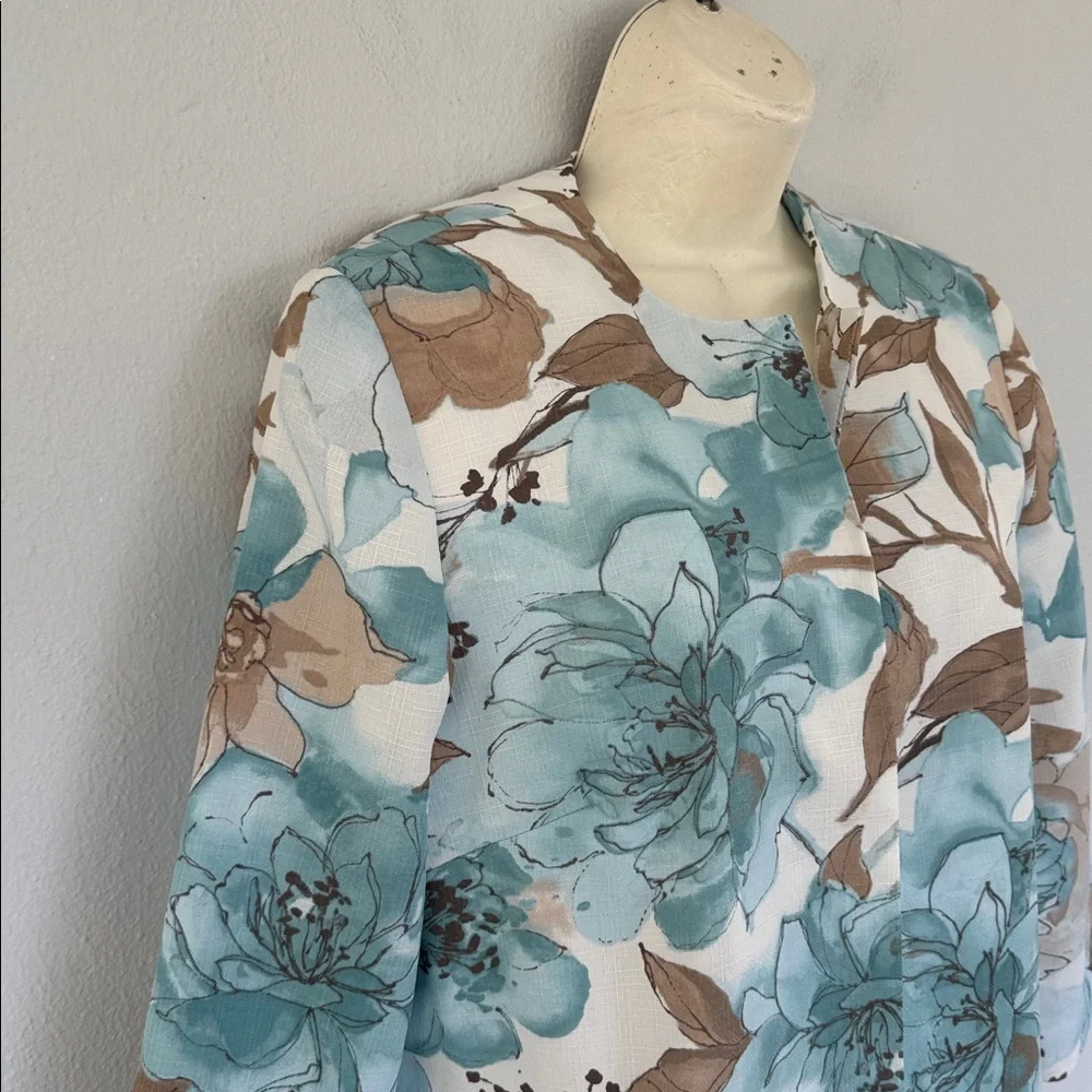 Vintage Alfred Dunner blue tan floral print drape style blazer jacket size 8